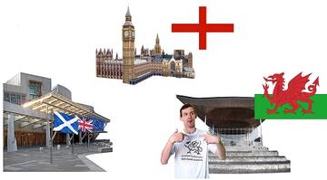 The Scottish Parliament building with the Scottish flag, the Houses of Parliament with the English flag and the Welsh Senedd with the Welsh flag.