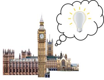 A light bulb in a thought bubble above the Houses of Parliament.