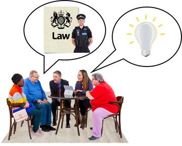 A group of people sitting at a table.  One person has a speech bubble with a police officer and law inside it.  One person has a speech bubble with a light bulb inside it.
