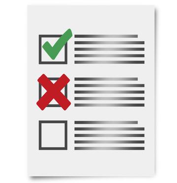 A piece of paper with a green tick and a red cross.