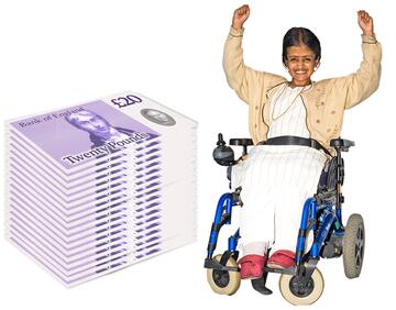 A pile of money beside a lady in a wheelchair who is smiling with her hands in the air.
