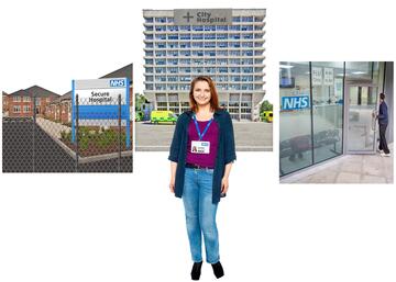 A woman with a lanyard on standing in front of a secure hospital, a city hospital and a health centre.