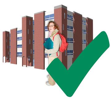 A young person wearing a backpack standing in front of a building and a green tick beside her.