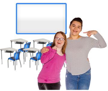 Two happy teenage girls with desks and chairs behind them.