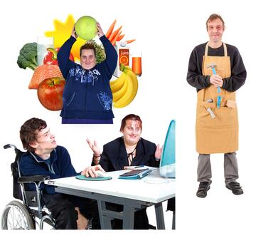 A woman holding a ball with fruit and vegetables behind her, a man in an apron holding some tools and 2 people at a desk in front of a computer.