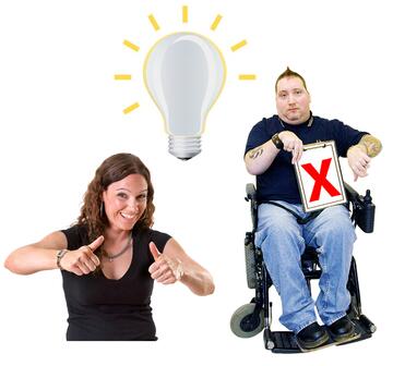A lady smiling with her thumbs, up, a man holding a card with a red cross and his thumb down and a light bulb.