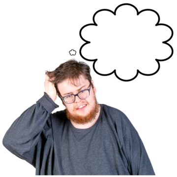 Person scratching their head and looking worried with a thought bubble