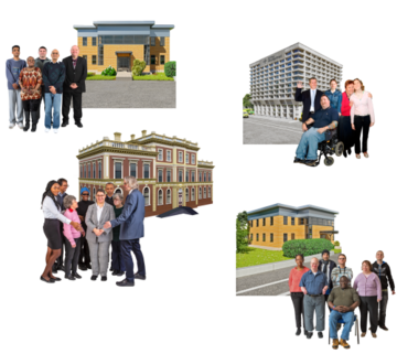 Four different buildings with different groups of people outside them