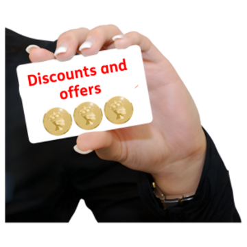 A hand holding up a credit card which says Discounts and offers