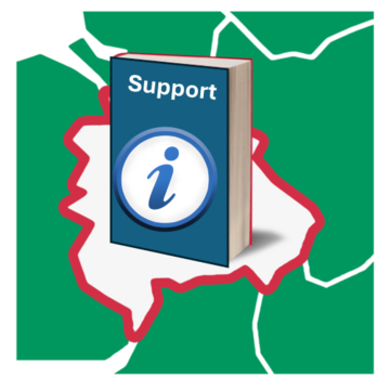 A map with an area highlighted. Inside that area is a book titled 'Support' with an information symbol on it