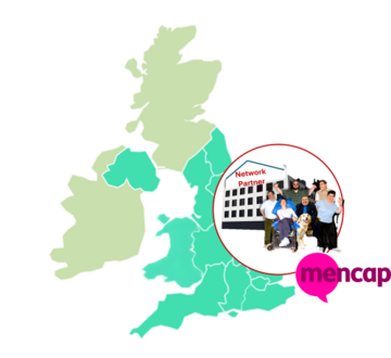 A map of the UK with Wales, England and Northern Ireland highlighted. Next to the map is a picture of a group of people standing outside a building which says Network Partner. Under this picture is the Mencap logo
