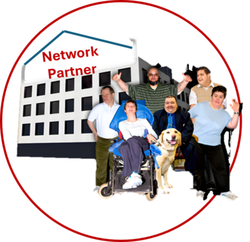A group of people outside a building that has a sign saying Network Partners