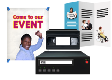 A video and a VHS recorder, a leaflet and a poster