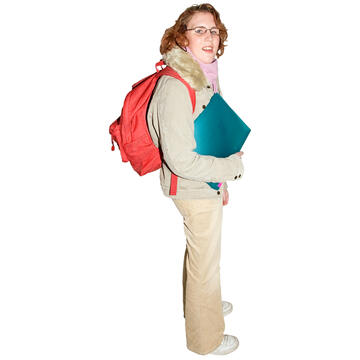 A lady holding a folder and wearing a rucksack.