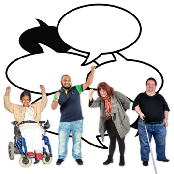 A group of people with disabilities celebrating with speech bubbles behind them