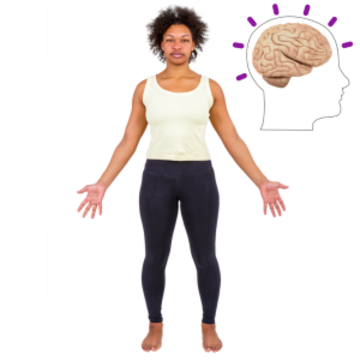 A woman standing with her arms spread next to a drawing of a brain inside the outline of a head