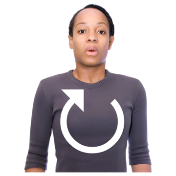 A photograph of a woman taking in a deep breath with a circular arrow drawn on her jumper