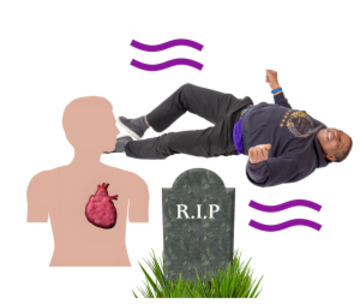 A picture of a gravestone next to a diagram of the heart and a man on the floor shaking whilst having a fit