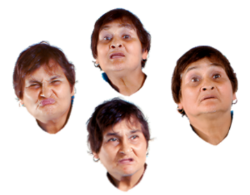 Four photographs of the same woman's face. Each one has a different expression.