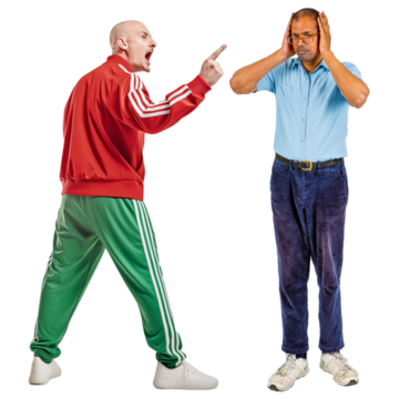 A man shouting at another man who has his hands over his ears