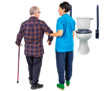 A carer is helping a man with a walking stick to get to the toilet