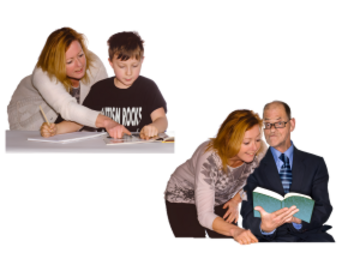 A child being shown how to do something at a desk and another photo of a old man being shown how to do something by a support worker