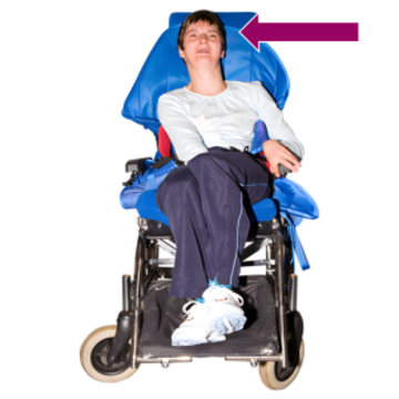 A photograph of a person in a wheelchair with an arrow pointing to their head