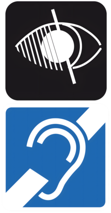 Two drawings. One of an eye with a line through it and the other is an ear with a line through it.