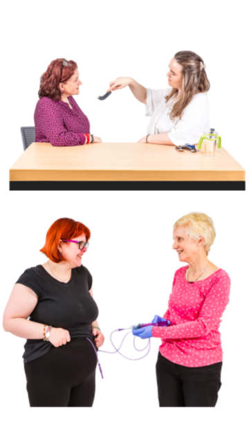 A photograph of a carer helping someone eat, and another photograph of a carer helping someone with a peg feed tube which goes into their tummy