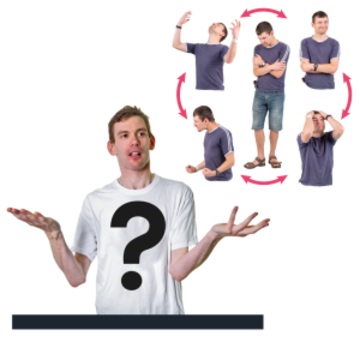 A photograph of a man with his hands raised, with a question mark on his Tshirt. Over his picture are pictures of the same man in different positions