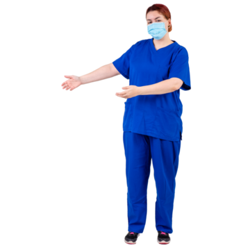 nurse with face mask on gesturing away