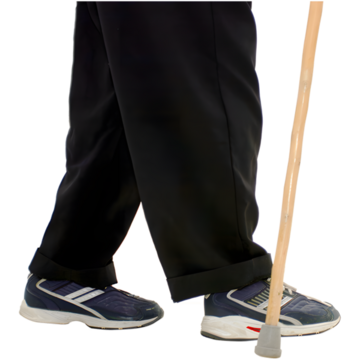 A photograph of the legs of someone walking with a walking stick