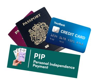 A hand holding some money with the words Personal Independence Payment, passports and a credit card.