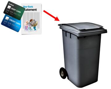 Two bank cards and a bank statement with a red arrow pointing to a wheelie bin.