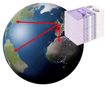 A pile of money next to a globe that has arrows from the UK to different countries.