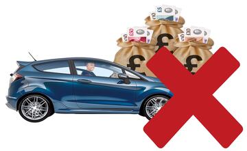 A car and some bags of money with a red cross through them.