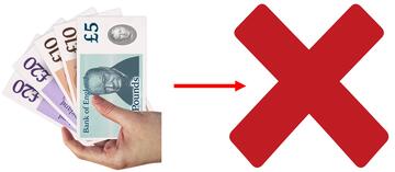 A hand holding some money and a red arrow pointing to a red cross.