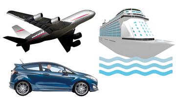 An aeroplane, a cruise ship and a car.