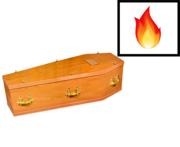 A coffin next to a fire