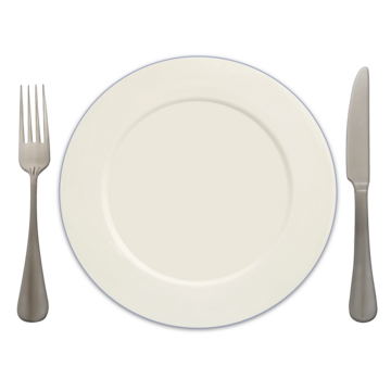 A white plate with a fork on the left and a knife on the right against a plain background.