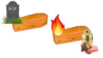 A gravestone next to a coffin and a flame and an urn next to another coffin