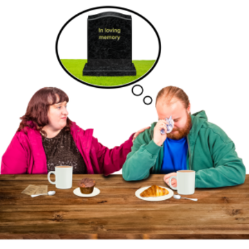 A man and a woman are sitting at a table having a hot drink and a cake. The man is crying and thinking about someone who has died