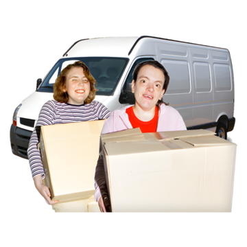 two people holding moving boxes in front of a van