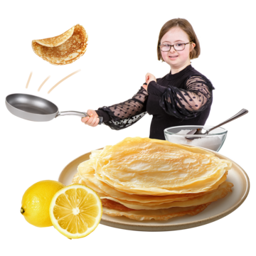 Person flipping a pancake with a frying pan next to a stack of pancakes, lemon, and sugar.