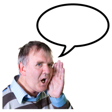 A man with his hand cupped around his mouth talking, with a speech bubble over his head