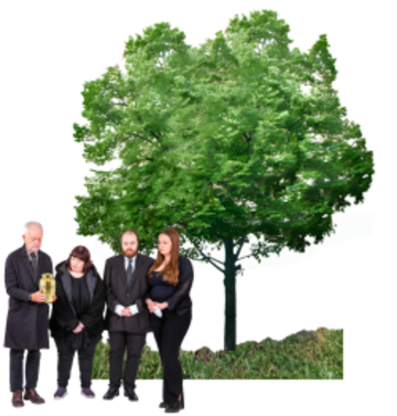 A man with friends and relatives holding an urn beside a tree