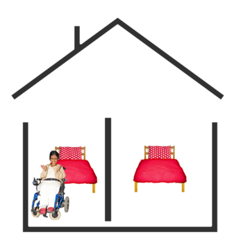 a drawing of a house with two rooms with beds and one person in one room