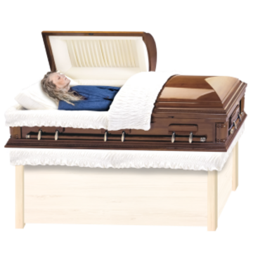 A woman lying in a coffin with the lid half open