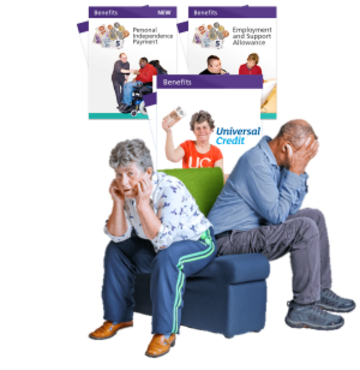 A man and a woman sitting on the same chair facing opposite directions with their head in their hands. Behind them are pictures of Government benefit leaflets
