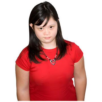 A young girl in a red tshirt.